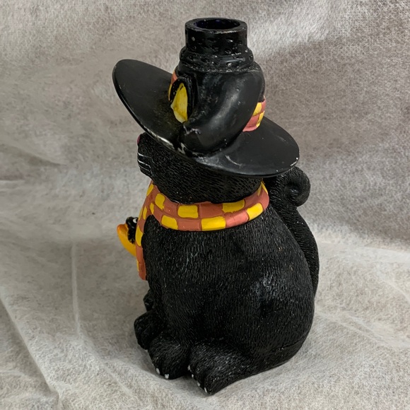 Vintage Black Cat  Ceramic Candle Holder  Figurine with Orange/Yellow Accents - Picture 9 of 16